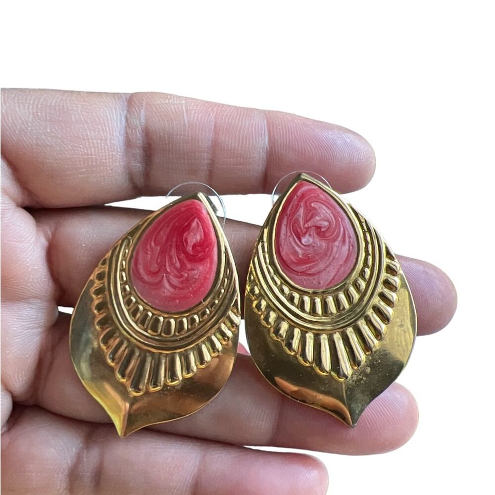 Vintage | 1980’s Teardrop Brass Blanks Pink Post Statement Earrings